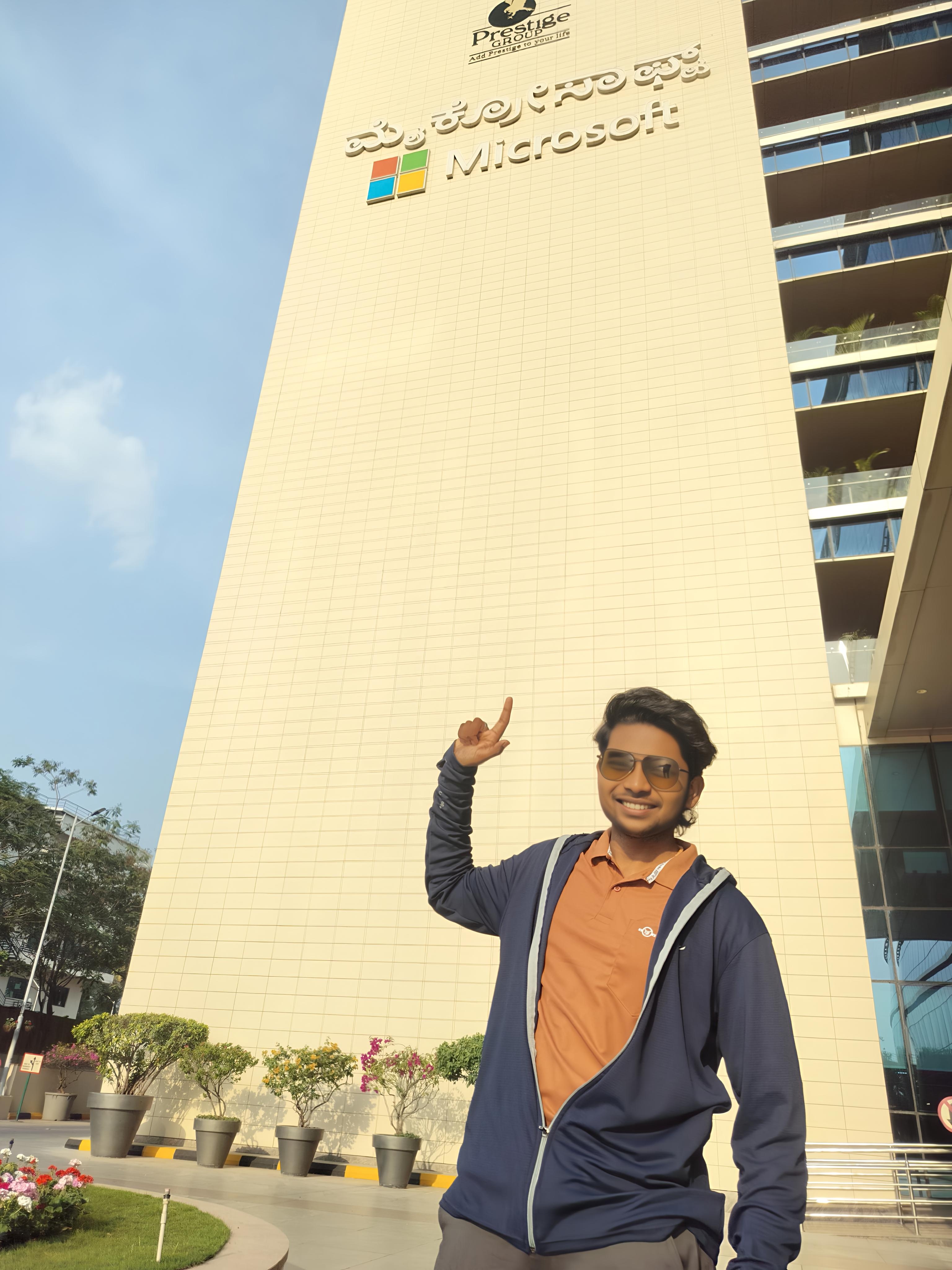 Jerrin Anto in front of Microsoft building